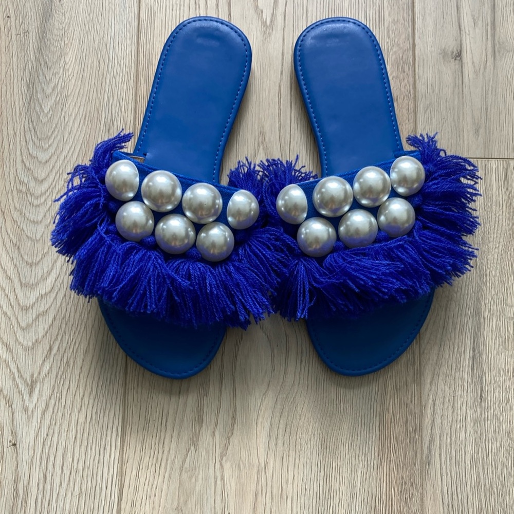 Blue Fringe Slide Sandals NWOT